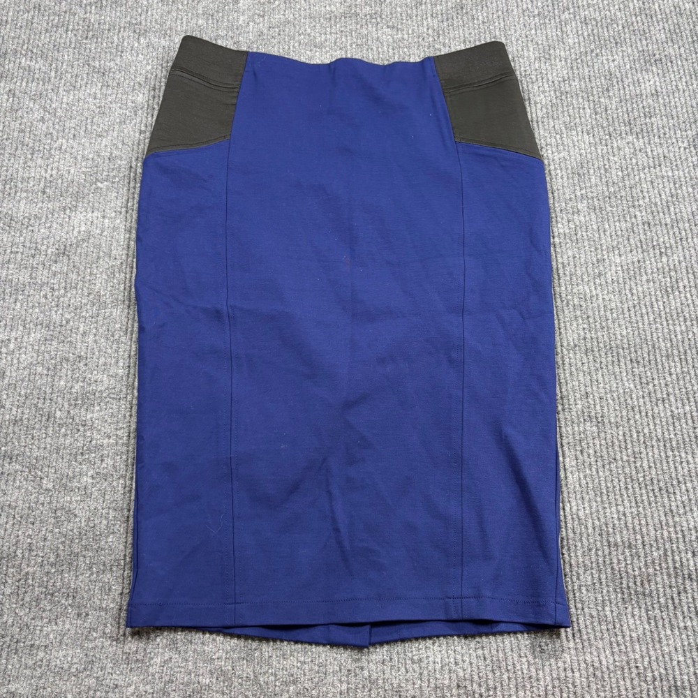Iris Skirt Women 1X Blue Black Colorblock Pencil Midi Stretch Back Vent